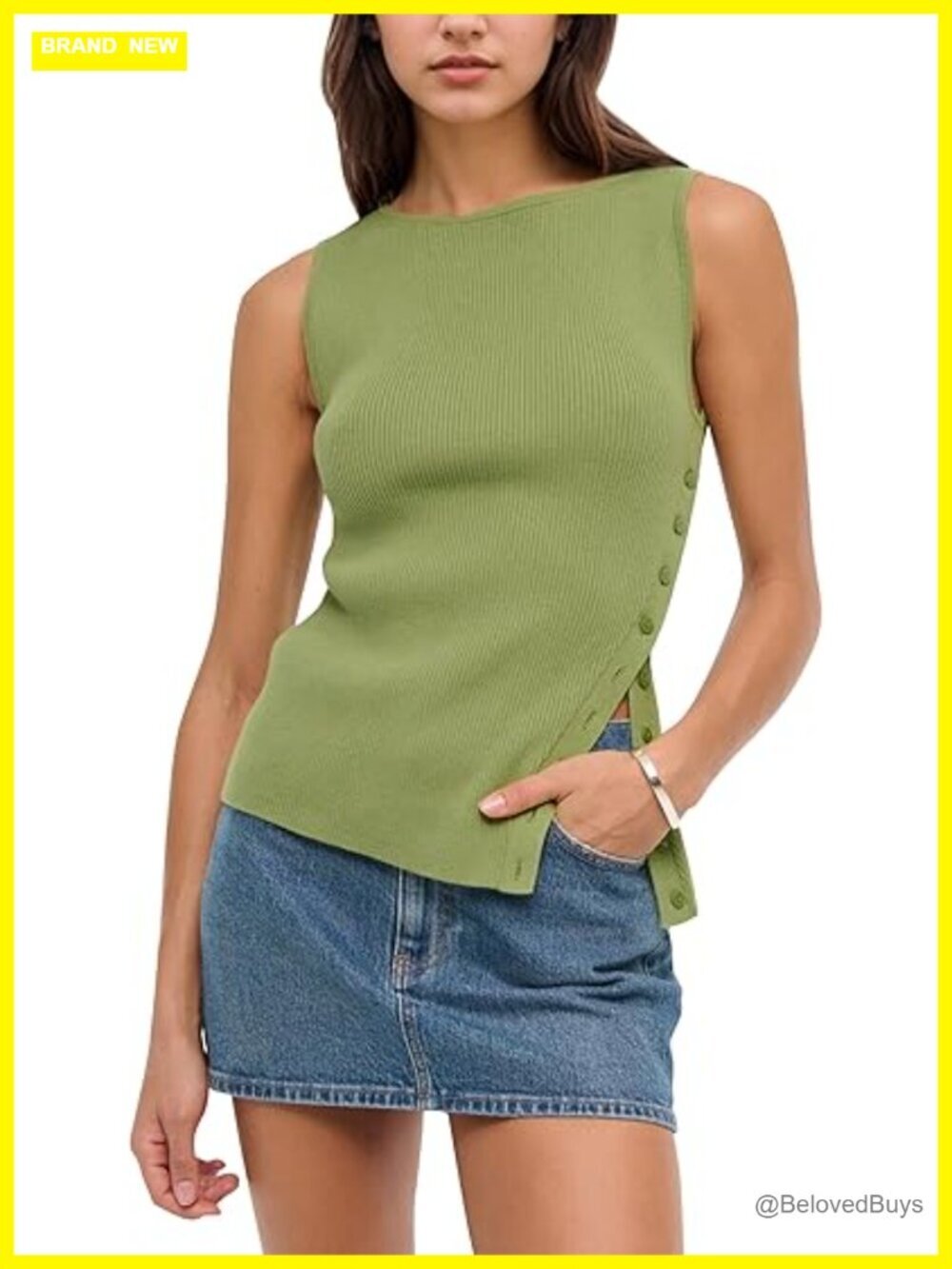 Asymmetrical Side-Button Slit Boat Neck Ribbed Knit Sweater Vest